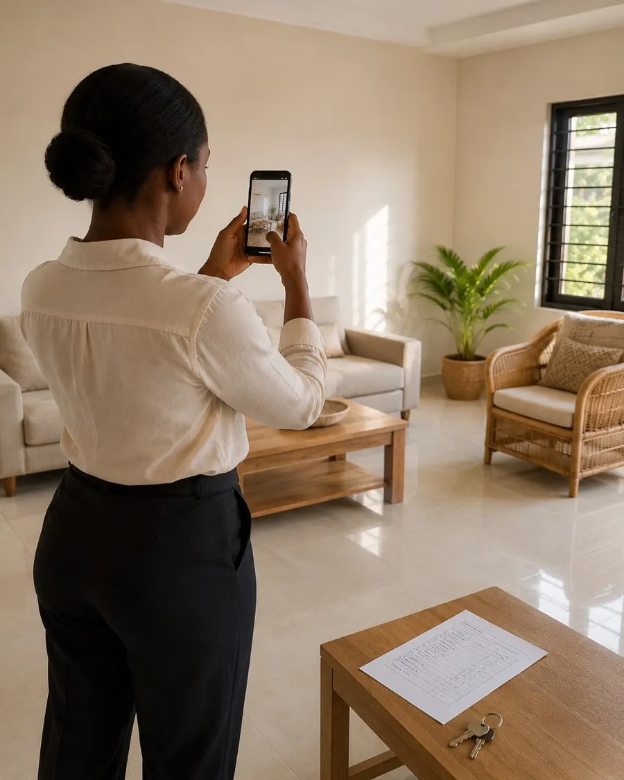 Gestionnaire Landora photographiant le séjour pour le contrôle d'état