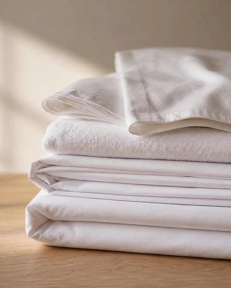 Pile de linge de lit et de bain fraîchement repassé